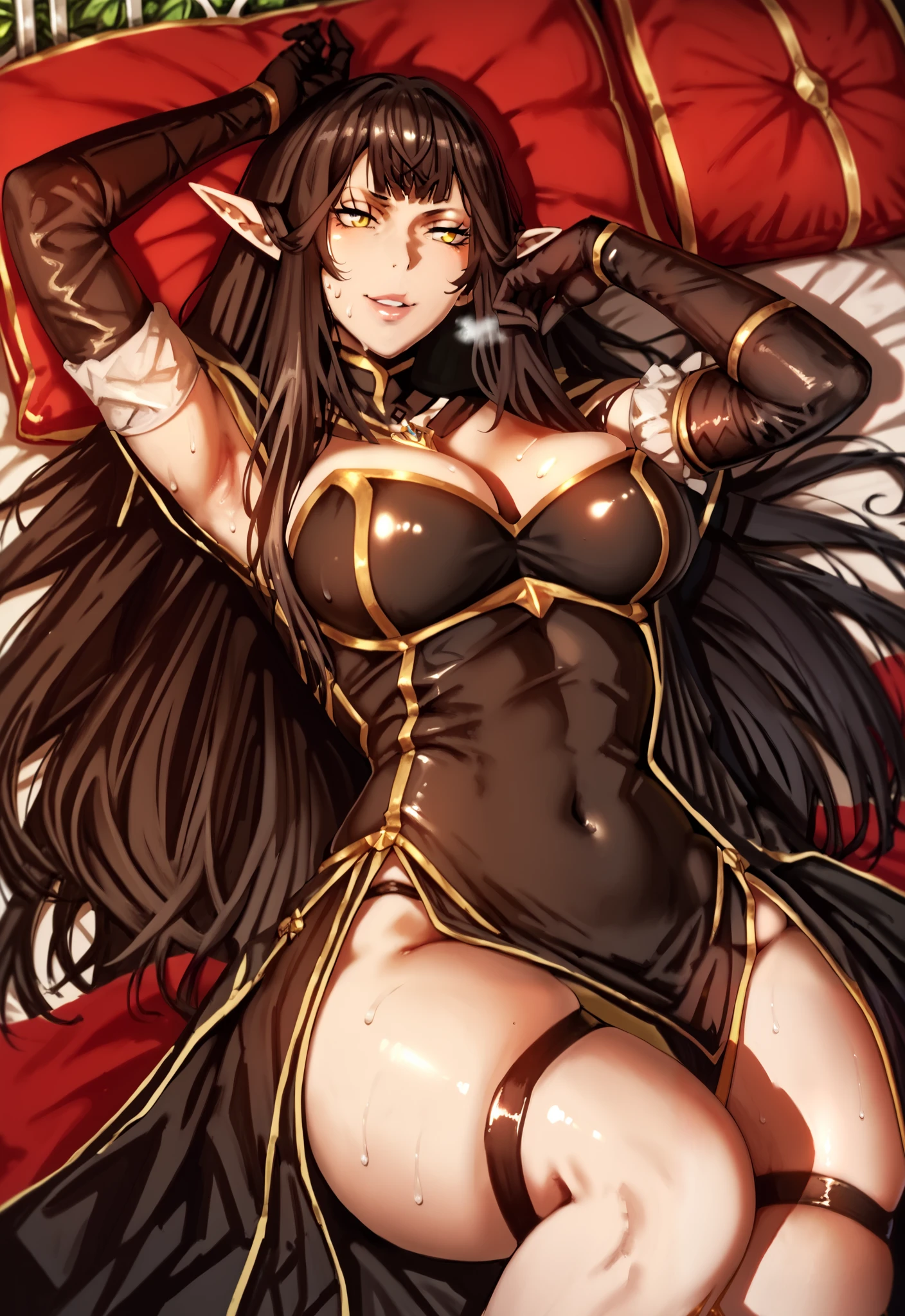 (neisan style:0.7), score_9, score_8_up, score_7_up, semiramis, black hair, blunt bangs, long hair, pointy ears, sidelocks, yellow eyes, large breasts, (skindentation:1.2), (thick:1.2), BREAK (perfect hands, perfect anatomy), beautiful detailed eyes, beautiful detailed lips, extremely detailed face and portrait, elegant expression, soft warm lighting, volumetric lighting, cinematic composition, detailed environment, lush garden, vibrant colors, intricate details, masterpiece, high resolution, digital painting, excessive sweating, sweating profusely, sweating drop, gasping, heavy breathing, hollow eyes BREAK, ruanyi0907, black bodysuit, black gloves, cleavage cutout, skin tight, lying, bed, pillow, lips. smirk, 