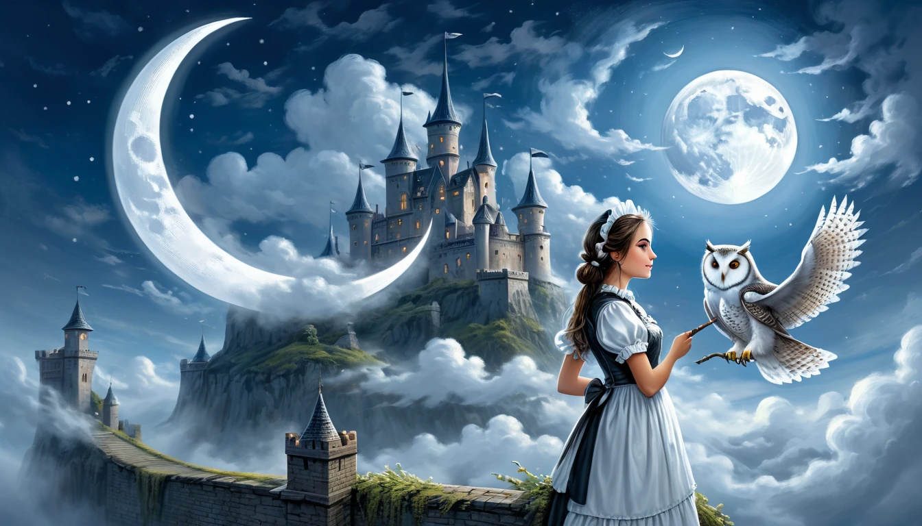  Illustration of a maid with an elaborate and devoted aura,  scrubboard illustration , profile, Clear contrasts,  gentle touch , Exact detail , Accuracy,  Fluffy clouds and sickle moon , High-quality oil painting,  stunningly beautiful art performance ,  Artistic clouds and moon , fantasy,  mist hanging around the old castle  , flying owls 