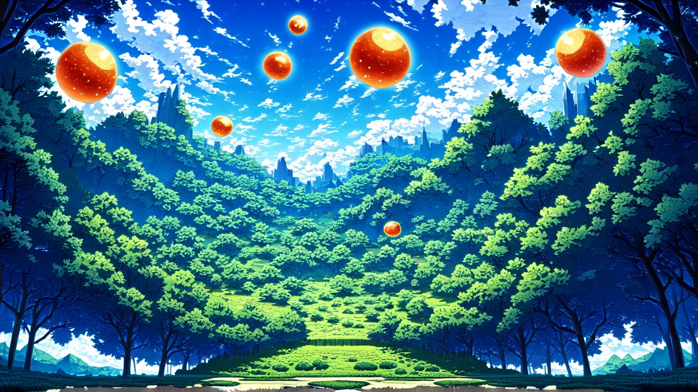 (masterpiece, super-detailed, top quality), fantasy landscape painting in the distance, (many fruit celestial bodies floating in the background: 1.3), (fantasy metropolis surrounded by forest: 1.3), breathtaking blue sky.