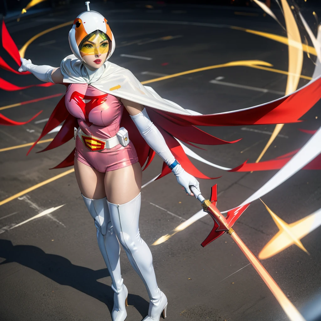 ANI_CLASSIC_jun_gatchaman_ownwaifu,1girl, ,good anatomy, masterpiece, best quality,realistic, hyper realistic, 16k hdr, long hair,breasts,lips,large breasts,lipstick,makeup,gloves,cape,helmet,belt,elbow gloves,white gloves,mask,ultra miniskirt,leotard,spacesuit,white tight overknee highheels boots,pink dress,superhero,bodysuit,cleavage,erected nipples,(stand pose,hands on hip),(spread legs:1.1),cameltoe