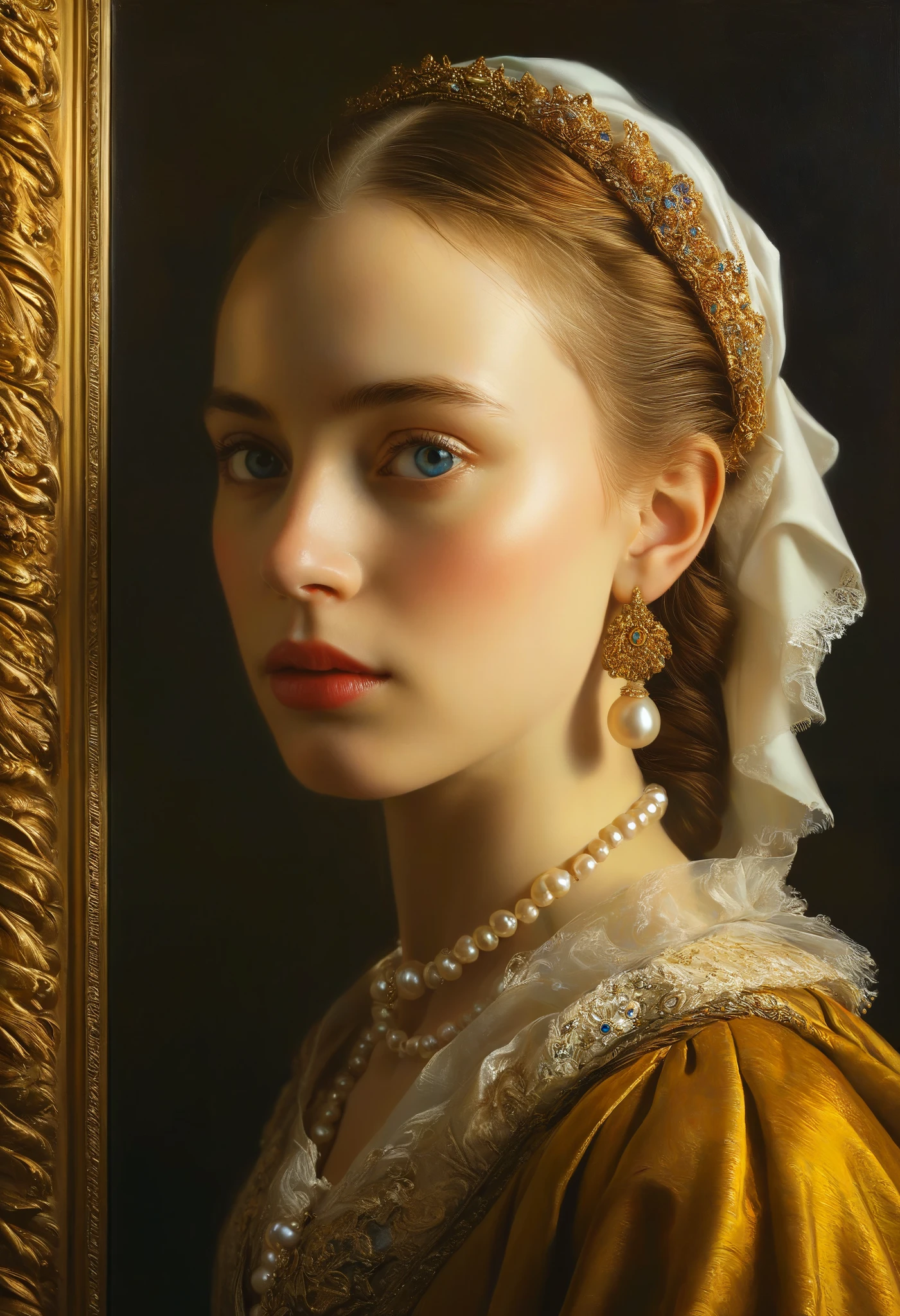 girl with a pearl earring, johannes vermeer, realistic portrait, extremely detailed face, beautiful detailed eyes, beautiful detailed lips, long eyelashes, high quality, photorealistic, masterpiece, oil painting, chiaroscuro lighting, warm color tones, dramatic lighting, intricate details, detailed skin texture, classic renaissance style, dutch golden age