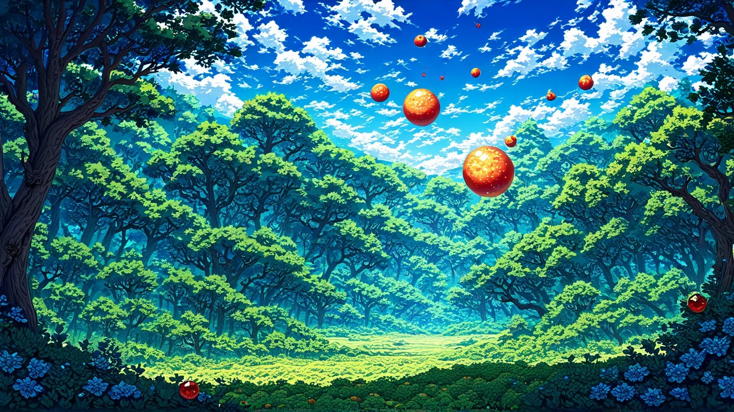 (masterpiece, super-detailed, top quality), fantasy landscape painting in the distance, (many fruit celestial bodies floating in the background: 1.3), (forest surrounding a fantasy townscape: 1.3), breathtaking blue sky.