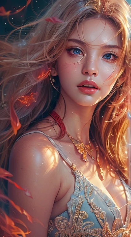 best quality,ultra-detailed,realistic,portrait:1.2,professional,colorful,soft lighting,full body,a beautiful cutest woman,tall and slender,mysterious,dynamic action,a raging fire,expression of pure malice,red moon