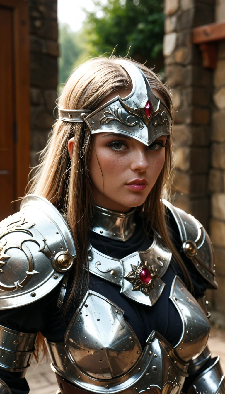 A large heavy armor, a female warrior, face covered by Helm