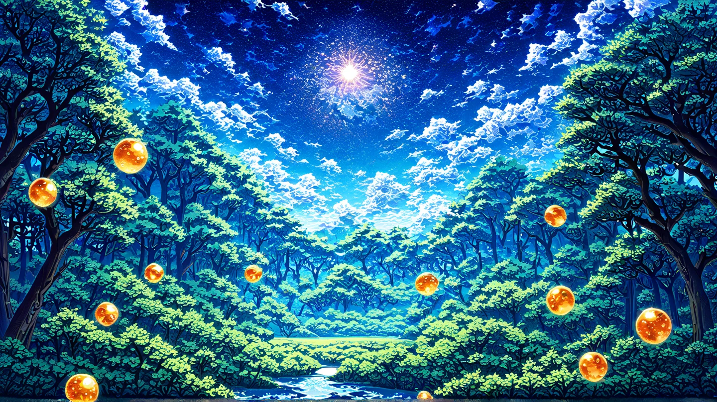 (masterpiece, super-detailed, top quality), fantasy landscape painting in the distance, (many fruit celestial bodies floating in the background: 1.3), (forest surrounding a fantasy city: 1.3), breathtaking blue sky.