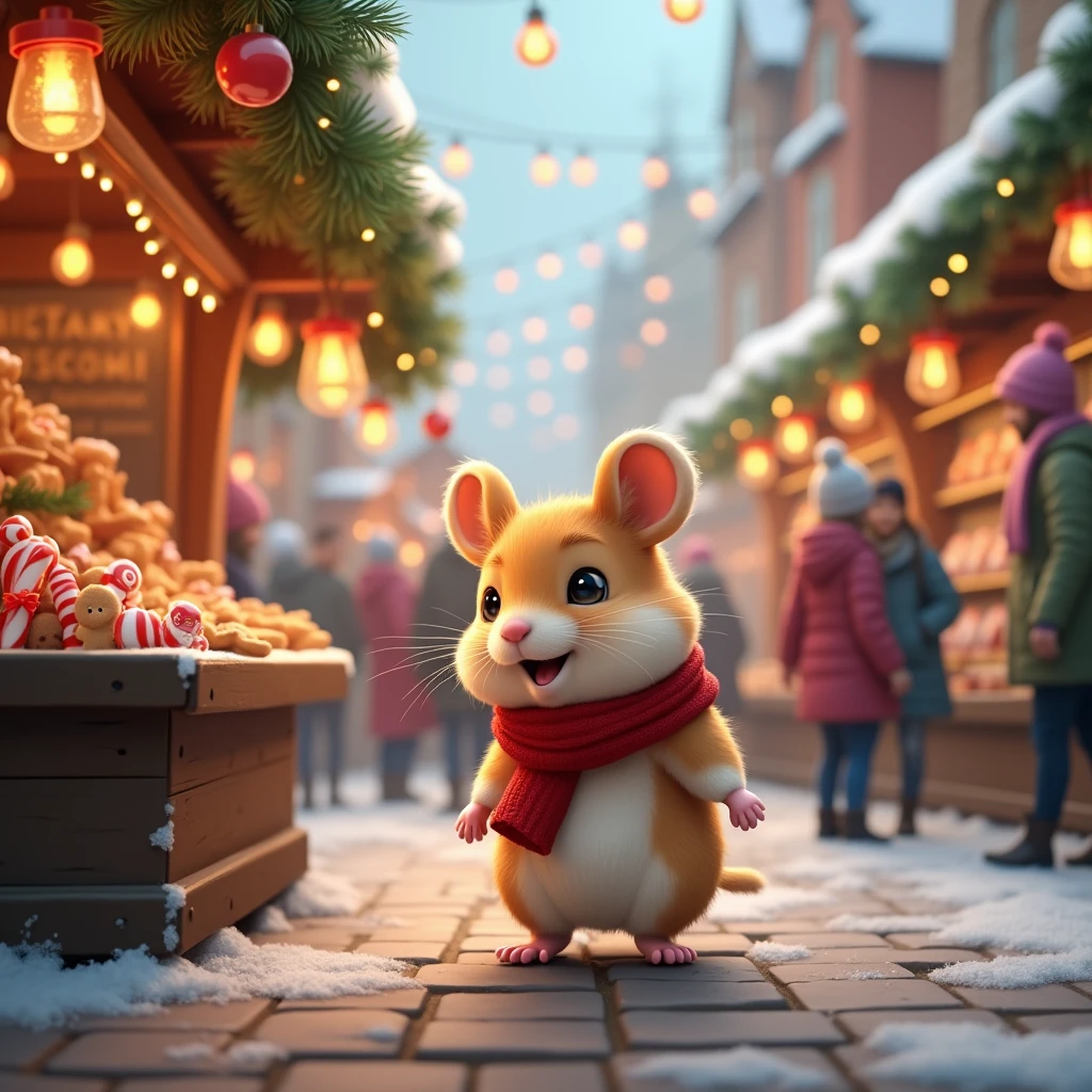 Transport yourself to a bustling Christmas market, where a delightfully endearing hamster embarks on a merry adventure amidst the seasonal hustle and bustle. The hamster, with its round, chubby cheeks and twinkling eyes, navigates through a vibrant array of stalls brimming with holiday treats and handmade crafts. Donned in a tiny red scarf and matching mittens, the hamster exudes a sense of festive excitement. The market scene is alive with vibrant colors and the harmonious melodies of Christmas carols filling the crisp winter air. Above, strings of glowing lanterns draped across the stalls add a magical aura to the already lively atmosphere. The hamster stops by a stall featuring miniature candy canes and gingerbread men, its curiosity piqued by the delightful smells wafting through the air. Snow lightly dusts the cobblestone paths, transforming the market into a winter fairyland. Families and friends, bundled in warm coats and knitted hats, share laughter and joy, while the enchanting scene captures the essence of community and holiday spirit.