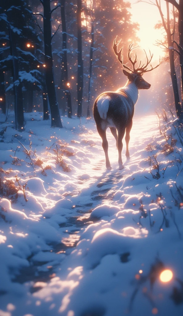 An anime illustration of a footprint trail left by a reindeer. The camera focuses on the footprint trail. Further away, the reindeer with its back facing the camera, is galloping high off the ground, with magic trail under its feet. bokeh effect, with focus on the footprints.