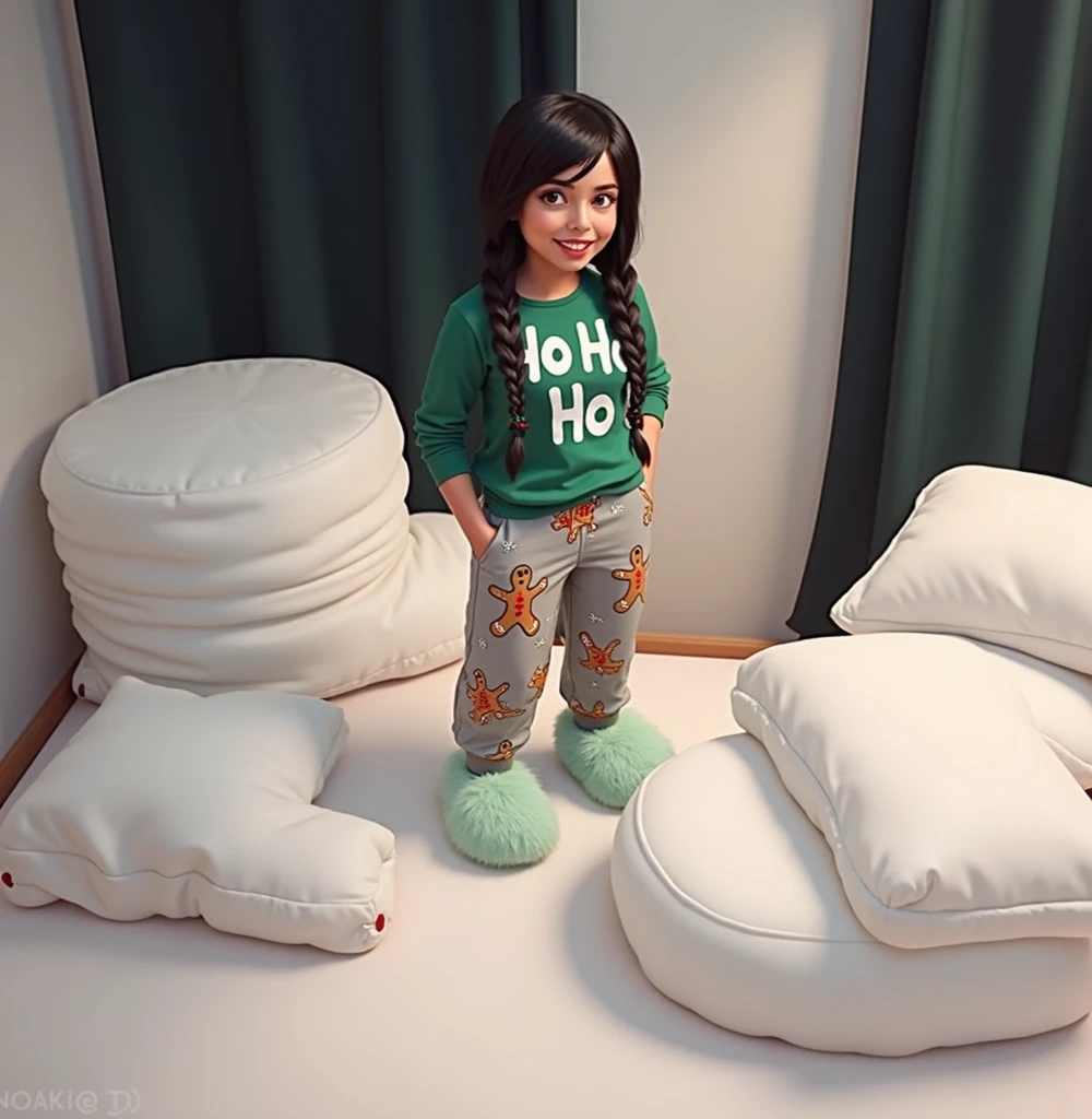 Japanese Girl thin body sees the ghost and pees her light blue lose pajama pants until his pants are wet pants in fright.