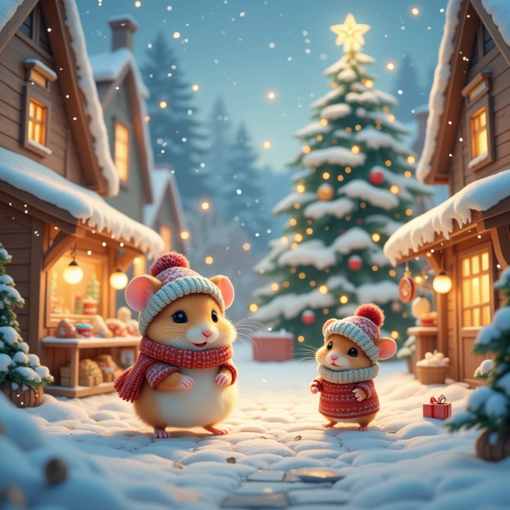 In a whimsical Winter Wonderland, a scene unfolds with a super cute hamster, cozily bundled up in a tiny knitted scarf and hat, exploring a bustling Christmas Town. This enchanting setting is filled with quaint wooden houses adorned with twinkling fairy lights that illuminate the gentle snowfall. The hamster, with its fluffy fur glistening from the snowflakes, scampers along snow-dusted cobblestone streets lined with festive stalls selling miniature Christmas treats like nutcrackers and gingerbread. In the background, a towering Christmas tree sparkles with vibrant ornaments and a golden star at its peak. The atmosphere is serene and magical, where the air buzzes with the sound of ren’s laughter and carolers singing in perfect harmony.