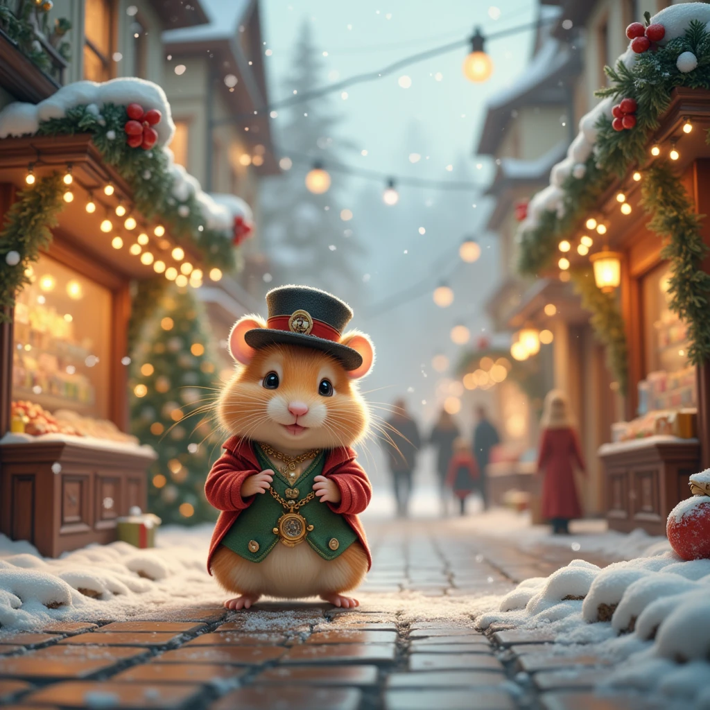 In the heart of a Victorian-era Christmas Town, a small, adorable hamster finds itself amidst the joys of the festive season. This charming scene is set against a backdrop of elegantly decorated Victorian houses and cobbled streets echoing with the clip-clop of horse-drawn carriages. The little hamster, dressed in a tiny Victorian-style waistcoat and top hat, carries a miniature pocket watch. Snow gently falls, creating a blanket of white as the hamster explores handcrafted toy stores and sweet shops, their windows frosted over and glowing with warmth from the interior lights. The streets are alive with well-dressed townsfolk engaging in celebrating traditional Christmas markets, adding a nostalgic and joyous feel to the scene.