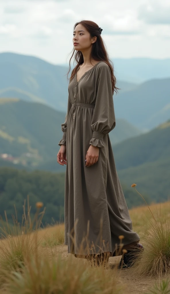 **A vivid and evocative scene featuring a beautiful 19-year-old Irish girl drenched by gentle rain, walking gracefully through the misty Connemara moor. She is dressed in dirty, torn clothes, including a long Irish dress and a sweater, with her attire soaked through. The rain-soaked fabric enhances the sensory experience of the scene, with droplets clinging to her and creating a texture of wetness. The ethereal ambiance of the moor and her resilient yet graceful presence amidst the natural beauty of the landscape are captured with enchanting allure. Her wavy ginger hair, shoulder-length and tousled by the wind, frames her face, while her gray eyes and pale skin with light freckles add to the mystical Irish vibe. The detailed setting includes muddy ground, scattered rocks, mist, and raindrops on leaves. The stormy sky is overcast with gray clouds, and the Connemara mountains provide a dramatic backdrop. The scene is depicted in high detail with natural lighting, capturing the complex textures and atmosphere of the moor, featuring wet grass, puddles, and peaty soil. The color palette includes gray, green, brown, white, black, yellow, blue, purple, red, orange, and tan, reflecting the varied natural elements like moss, heather, bracken broom, gorse, granite, quartz, and schist.** - Dirty, torn clothes - Long Irish dress - Sweater - Wet fabric - Mud - Rocks - Mist - Rain droplets - Moss - Heather - Grass - Puddles - Raindrops on leaves - Stormy sky - Wet hair - Damp earth - Gray clouds - Overcast - Mountain slopes - Rolling hills - Stone walls - Peaty soil - Bracken broom - Gorse - Granite - Quartz - Schist - Gray - Green - Brown - White - Black - Yellow - Blue - Purple - Red - Orange - Tan