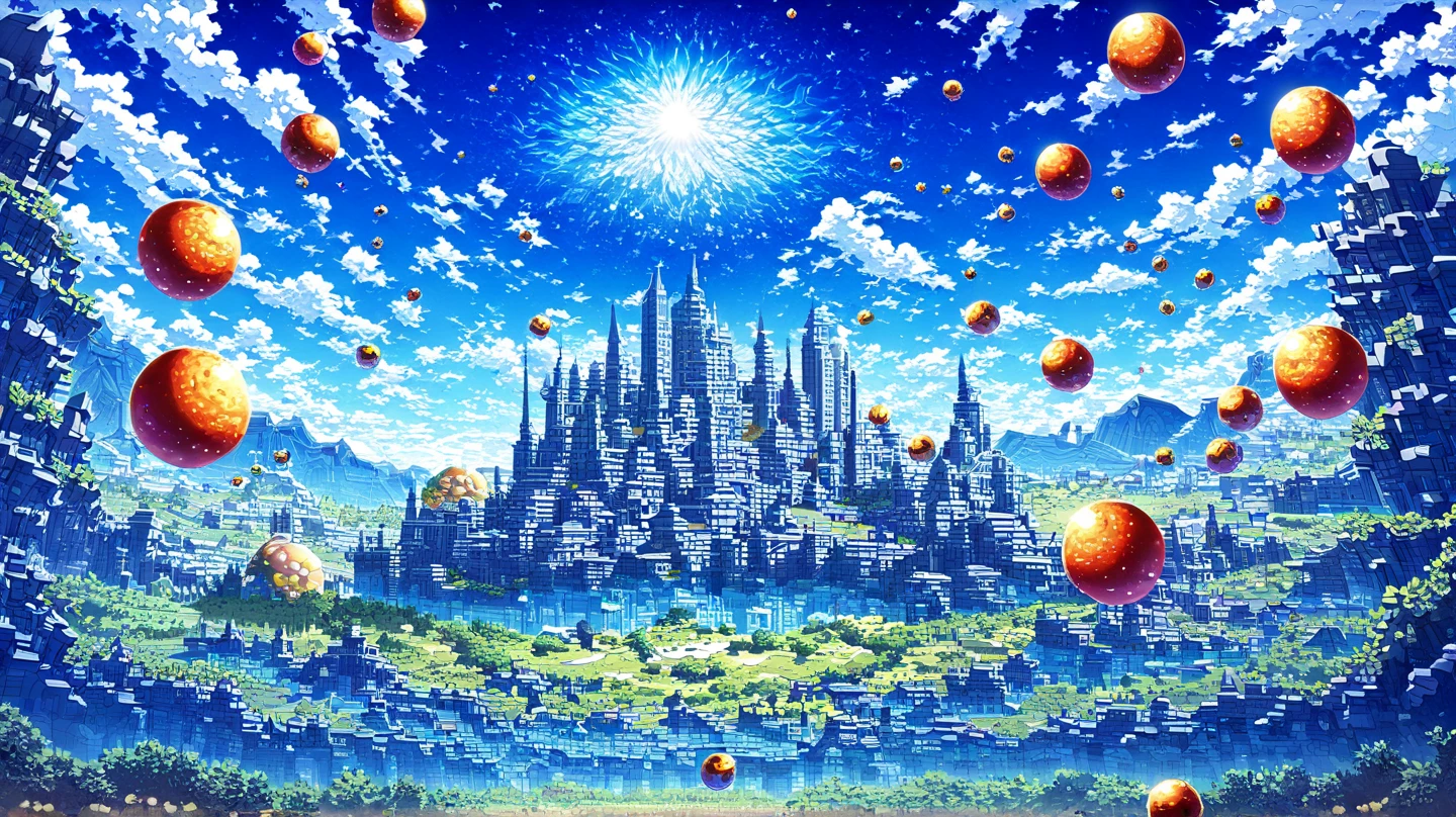 (masterpiece, super-detailed, top quality), fantasy landscape painting in the distance, (many fruit celestial bodies floating in the background:1.3), (fantasy city:1.3), breathtaking blue sky.