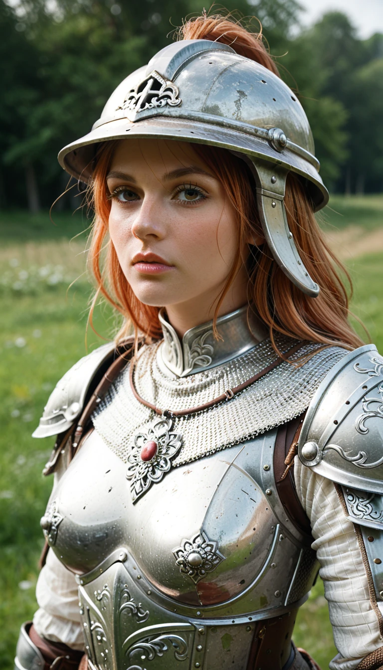 A large heavy armor, a female warrior, Head and face covered by battle helmet, medieval style 