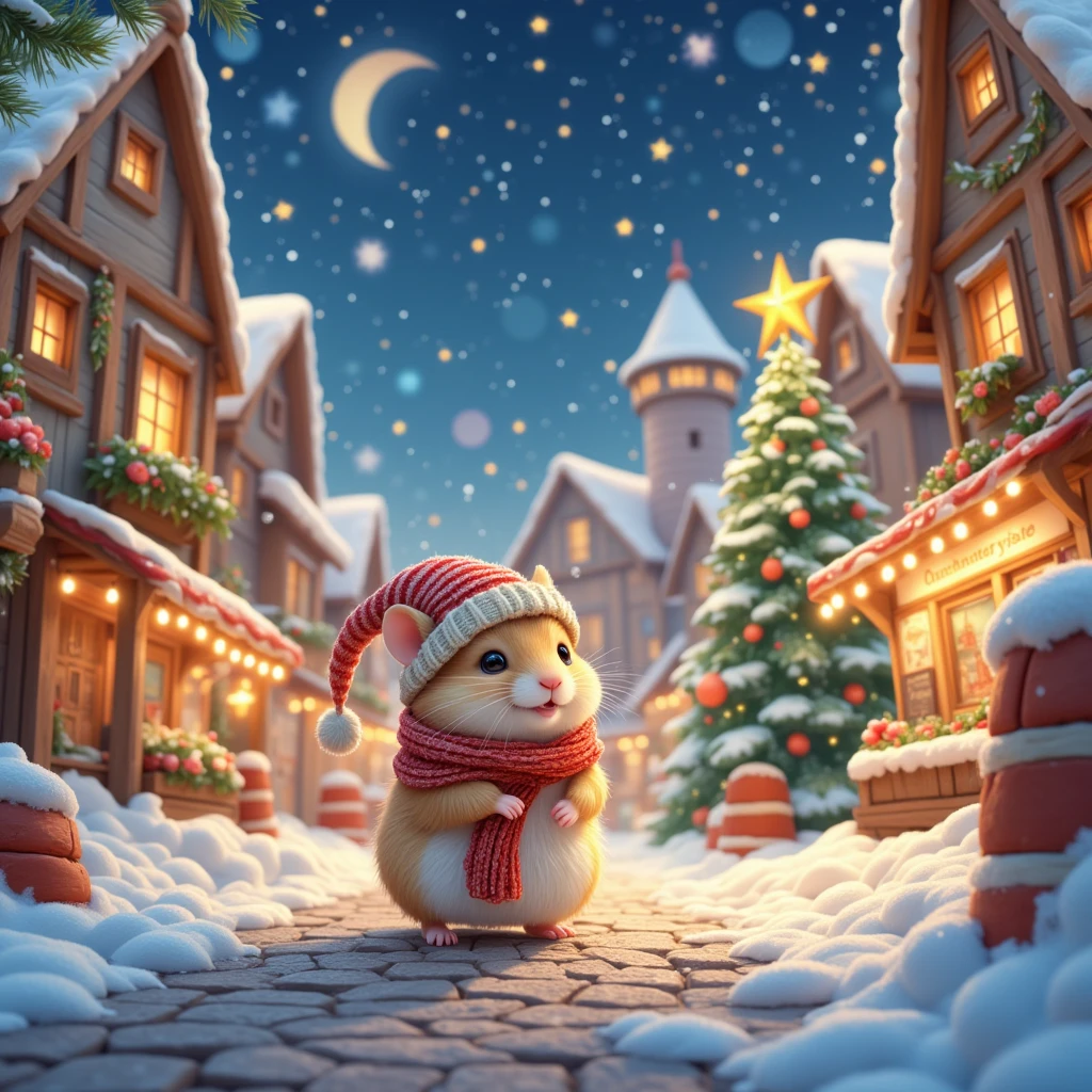 In a whimsical Winter Wonderland, a scene unfolds with a super cute hamster, cozily bundled up in a tiny knitted scarf and hat, exploring a bustling Christmas Town. This enchanting setting is filled with quaint wooden houses adorned with twinkling fairy lights that illuminate the gentle snowfall. The hamster, with its fluffy fur glistening from the snowflakes, scampers along snow-dusted cobblestone streets lined with festive stalls selling miniature Christmas treats like nutcrackers and gingerbread. In the background, a towering Christmas tree sparkles with vibrant ornaments and a golden star at its peak. The atmosphere is serene and magical, where the air buzzes with the sound of ren’s laughter and carolers singing in perfect harmony.