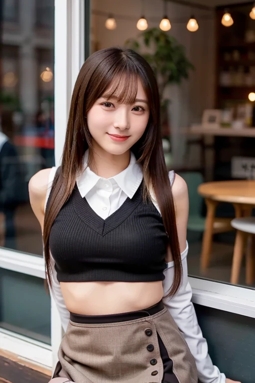 (Masterpiece,  best quality, Perfect Anatomy,  highres icon, 8k, realistic, photo realistic, natural skin texture, no makeup:1.2), Japanese girl stopping in front of a shop window, age20, (very cute:1.2), shy smile, (large breasts and perfect style:1.2), (mini skirt:1.7), I'm wearing earth-colored long-sleeved clothes, (wrapping a scarf around her neck:1.2), Christmas season,  (looking at viewer:1.5), side shot, cowboy shot, (natural lighting), erogao , jp idol, tanukigao