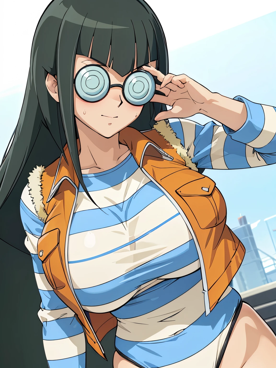 1 Female,High definition,high resolution,Ultra-realistic,8K, CC,1girl,glasses,vest, striped shirt, striped sleeves,HDR, UHD,European,sexy,Upper body close-up,Photographed from the front,Dynamic Angles,blush, (huge tits), happy, ((wink the eye)),facial, sweat ,(wide thighs:1.4),(black thong),(show thong),(from below), perfect glasses 