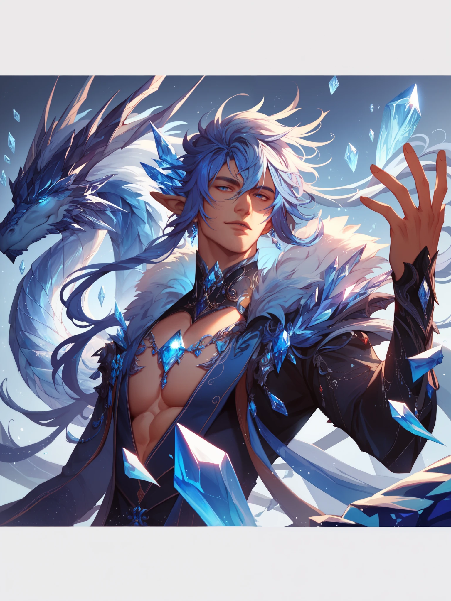 score_9, score_8_up, score_7_up, score_6_up, score_5_up,  s4b, 1boy solo, cool background, lunar, huge crystal dragon, silver/blue hair, elegant, beautiful,High Resolution, cool hues, good, crystal, glowing, gorgeous