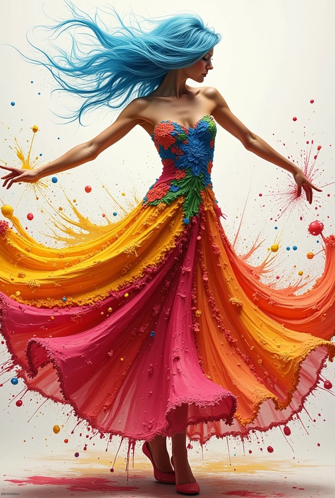 A graceful dancing woman with light blue hair,  adorned with colorful paint splashes ,  that a lively ,  Klimt-inspired costume in impasto style .  Each blob of color underlines her flowing and energetic movements , with bold ,  textured brushstrokes .  The scene captures her expressive dance with vivid , dynamic colors,  emphasis on an artistic and stylized celebration of art and movement,  avoiding realistic details for a more painterly effect .