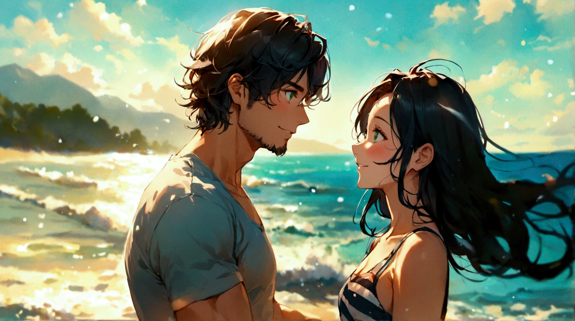 Portray a romantic scene where a Caucasian man in his thirties is walking arm in arm with his young cheerful Japanese girlfriend. He has a square face with green eyes and a muscular physique, coiffed brown hair, groomed beard and he is dressed in a t-shirt with beach trunks. She has round black eyes and oval face and she wears a high-waist skirt in marine print. She looks up at him with a gentle grin when her silky black hair is flowing in the ocean breeze. The touch of blush shows their happiness and strengthens this romantic scene of warmth, love and carefree joy. The background features a turquoise ocean with the outline of mountains far away. height difference couple, beautiful eyes, couple shot, smile, blushed, (wide view), ((full body)), lovers, add_detail:1, add_detail:0, add_detail:0.5