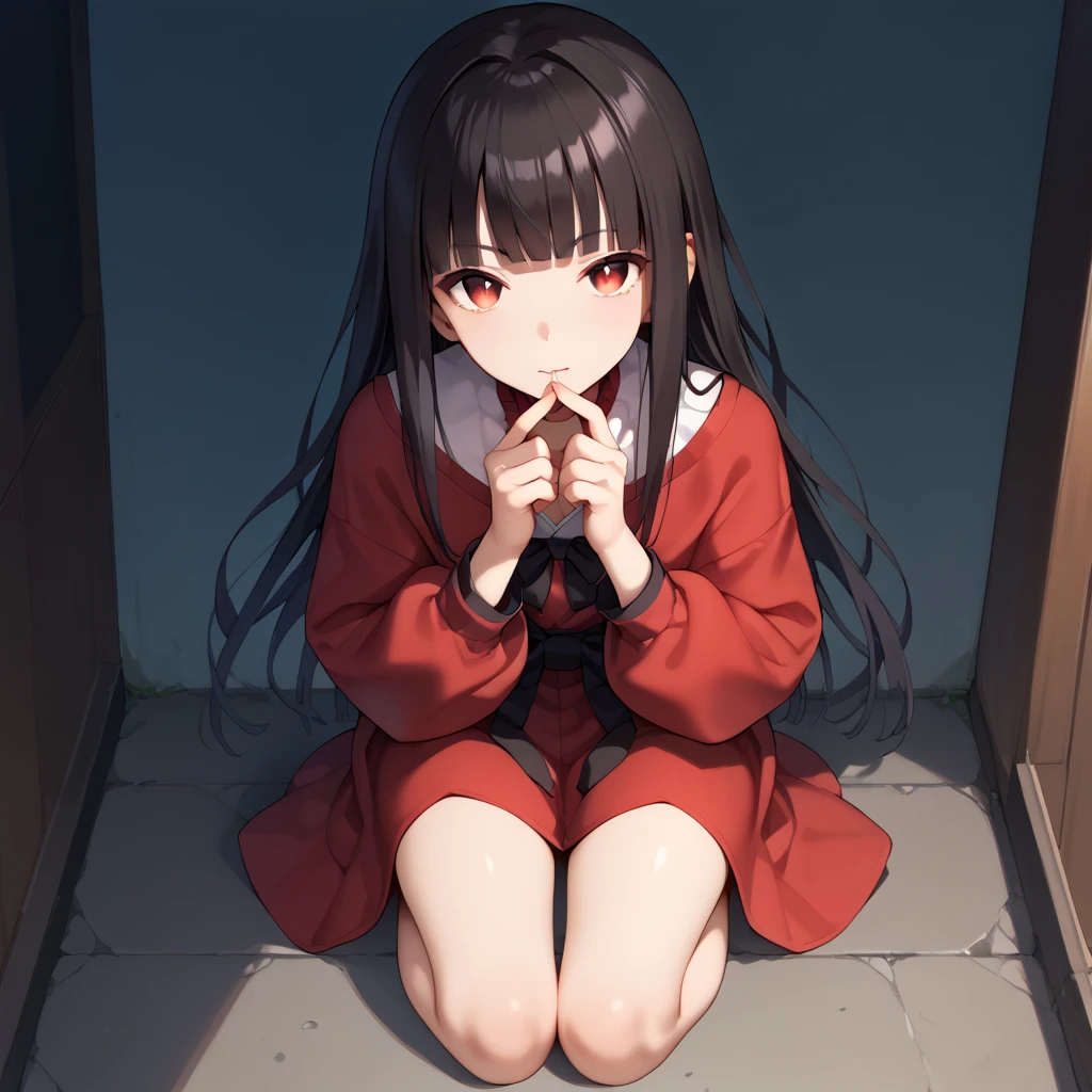 NSFW,score_9, score_8_up, score_7_up, score_6_up, score_5_up, score_4_up,source_anime,full body,hime cut,small tits,beautiful japanese girl,straight black long hair,blunt and short bangs, bangs are above the eyebrow,the ends of the hair are even,downward-slanted eyebrow,forehead are sticking out,bright red eyes,slanted eyes,rating_safe