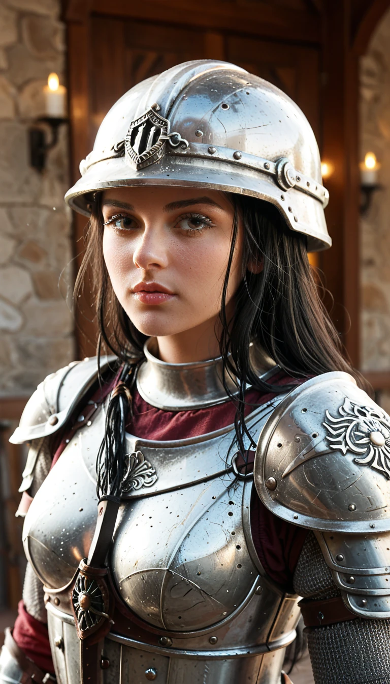 A large heavy armor, a female warrior, Head and face covered by battle helmet, medieval style, Black hair 