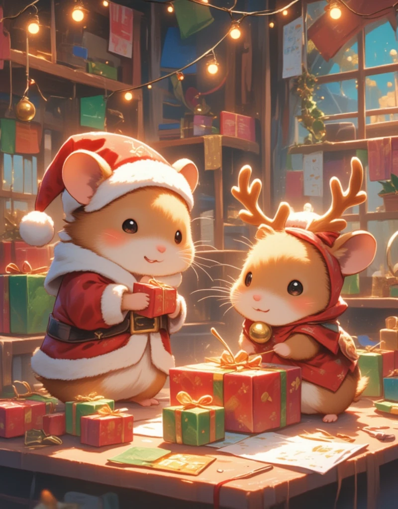 (In a beautifully decorated Christmas workshop, two adorable hamsters are the stars. One hamster is dressed as Santa Claus, complete with a tiny red suit, fluffy white beard, and a matching red hat with a pom-pom. Beside him, the second hamster is dressed as a reindeer, with cute little antlers attached to its head and a jingling bell around its neck. The workshop is bustling with activity, colorful presents being meticulously wrapped, and festive lights twinkling around. These hamsters are busy preparing gifts, bringing the spirit of Christmas to life, their tiny paws skillfully packing tiny presents with glimmers of joy and excitement in their eyes.)