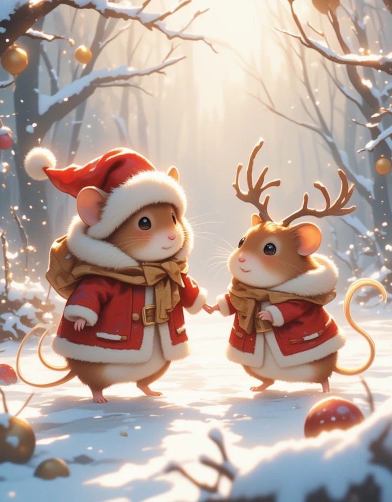 (Amidst a snow-covered landscape shimmering under a pale winter sun, a pair of enchanting hamsters embody the festive cheer of Christmas. The first hamster, embodying Santa Claus in the traditional sense, wears a charming red coat trimmed with white fur, a comically oversized Santa hat slipping over its ears. Its companion, with a tiny pair of handmade antlers and a red nose just like Rudolph, is the perfect depiction of a reindeer. They are playing in the snow, the world around them a wonderland of frosted trees and softly falling snowflakes. Their playful antics, leaving delicate trails in the snow, showcase the pure joy of the holiday season.)