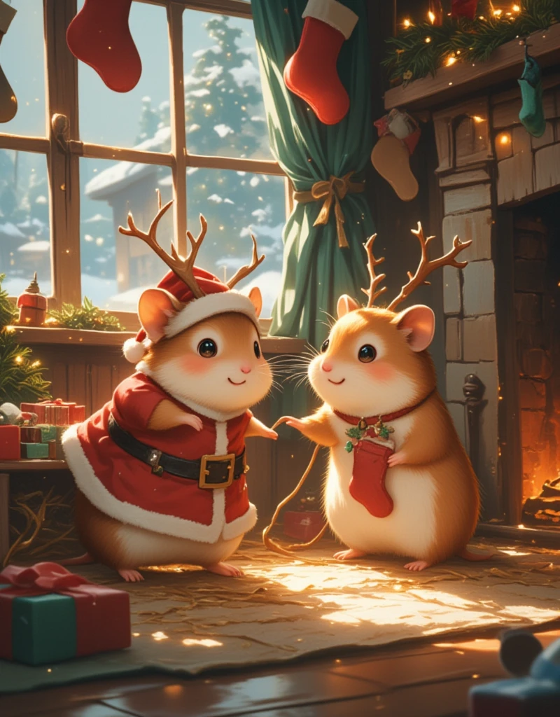 (Inside an inviting, warm hamster home, decorated with tiny stockings, mini Christmas trees, and glowing fairy lights, two delightful hamsters celebrate Christmas Eve. The first is dressed as Santa, complete with a sledge pulled behind it filled with teensy gifts. The second, resembling a trusty reindeer, equipped with antlers and a little red collar, accompanies him. They are nestled on a comfy bed of straw near a small fireplace, hanging up even tinier stockings. Through the windows, snow falls softly, adding a touch of magic to their cozy celebration, embodying the warmth and joy of Christmas within their tiny habitat.)