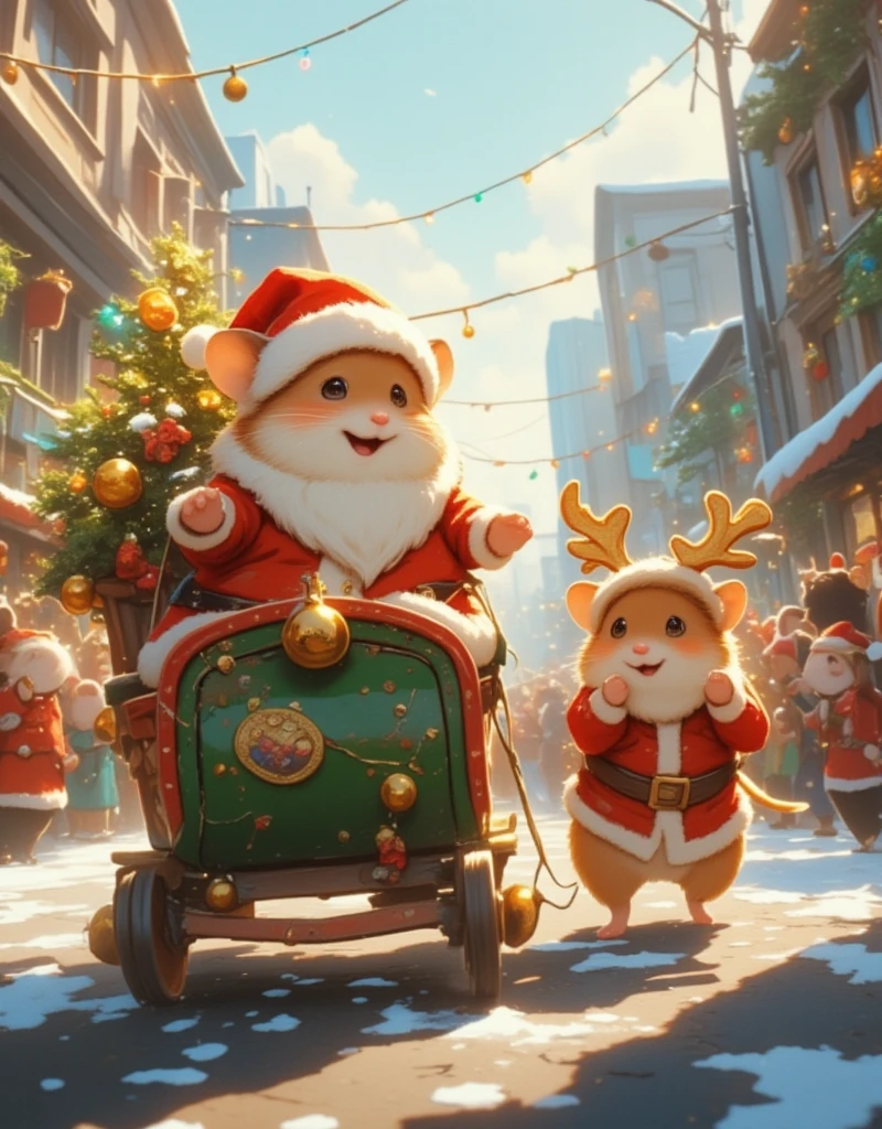 (In a lively, festive parade, hamsters take on the roles of holiday icons. The Santa Claus hamster is leading the parade, sitting atop a small, homemade sleigh adorned with bells and festive decor. His sidekick, the reindeer hamster, trots beside him in perfect synchronization, its antlers festooned with little lights. The street is filled with miniature Christmas trees, handmade decorations swinging in a gentle breeze, and an audience of equally excited animals chiming in the holiday cheer. The joy and camaraderie among them exude a sense of community and celebration, as even the smallest creatures come together to celebrate the festive spirit.)