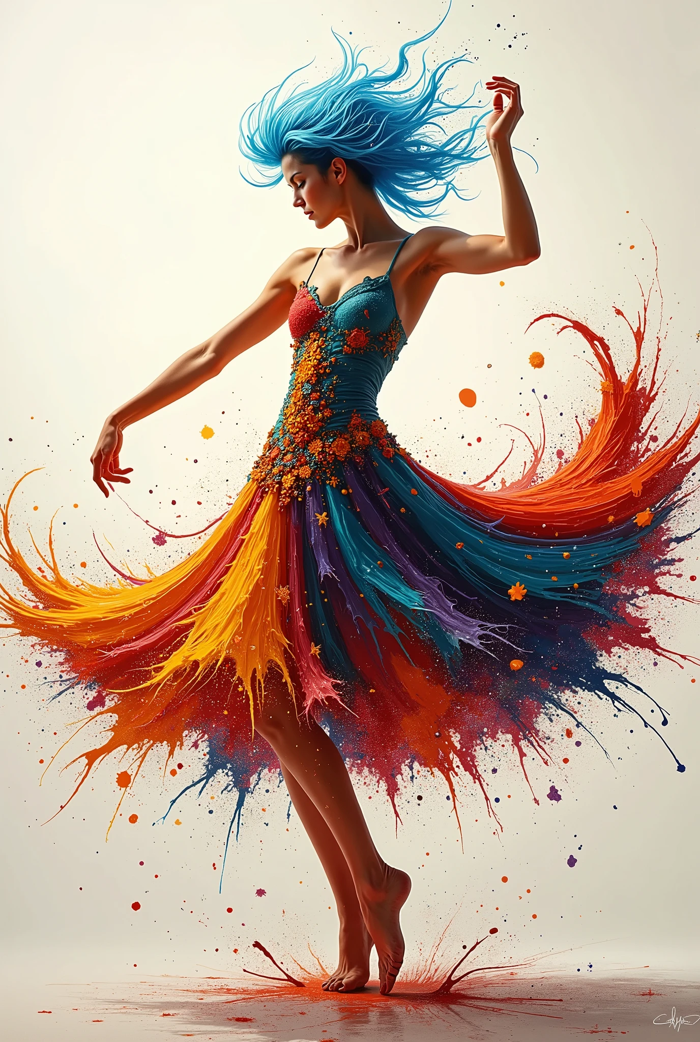 A graceful dancing woman with light blue hair,  adorned with colorful paint splashes ,  that a lively ,  Klimt-inspired costume in impasto style .  Each blob of color underlines her flowing and energetic movements , with bold ,  textured brushstrokes .  The scene captures her expressive dance with vivid , dynamic colors,  emphasis on an artistic and stylized celebration of art and movement,  avoiding realistic details for a more painterly effect .