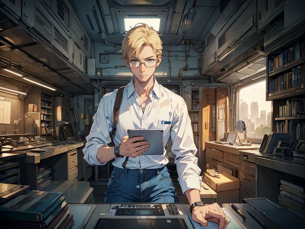 masterpiece, high quality, male, mid-30s, (upper body), sitting, ((holding tablet)), tall, average looking, nerdy, short blond hair, blue eyes, (glasses), looking worried, looking sad, wearing white shirt, [(unbuttoned) waistcoat : 3], cargo jeans, wristwatch, (empty) 21st century laboratory, intricate details, computer monitors, bookshelves