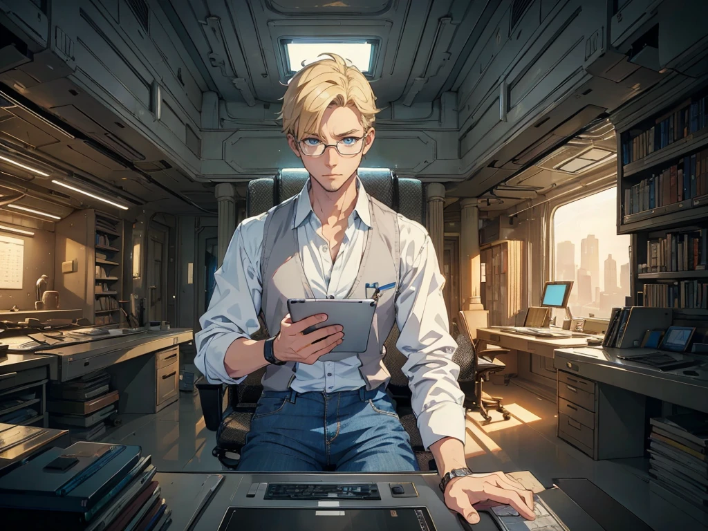 masterpiece, high quality, male, mid-30s, (upper body), sitting, ((holding tablet)), tall, average looking, nerdy, short blond hair, blue eyes, (glasses), looking worried, looking sad, wearing white shirt, [(unbuttoned) waistcoat : 3], cargo jeans, wristwatch, (empty) 21st century laboratory, intricate details, computer monitors, bookshelves