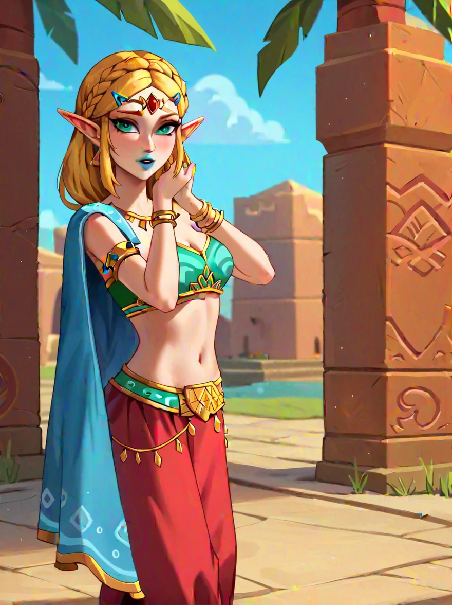 Score_9, Score_8_high, Score_7_high, Score_6_high, Score_5_high, Score_4_high,
BREAK
1girl, Princess Zelda, the legend of Zelda:  tears of the kingdom ,braid , blonde hair,Cyan-colored Eyes, elf,  raised as gerudo
BREAK
solo,  standing, cowboy shot, white gerudo clothes , strapless, slim,  gerudo eyeshadow , , ,blue lipstick
 BREAK
gerudo town background , 