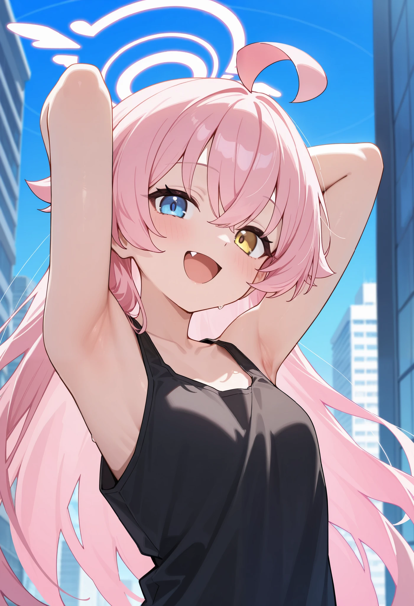 (masterpiece, best quality, high quality, highres, ultra-detailed), 1girl, Hoshino, pink hair, solo, heterochromia, long hair, blue eyes, fang, ahoge, yellow eyes, looking at viewer, hair between eyes, smile, upper body, open mouth, pink halo, building, arms up, armpits focus, tank top, simple background
