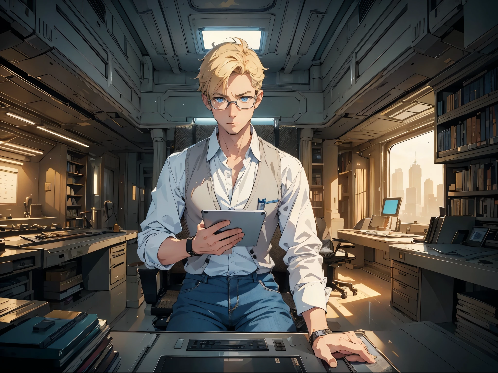 masterpiece, high quality, male, mid-30s, (upper body), sitting, ((holding tablet)), tall, average looking, nerdy, short blond hair, blue eyes, (glasses), looking worried, looking sad, wearing white shirt, [(unbuttoned) waistcoat : 3], cargo jeans, wristwatch, (empty) 21st century laboratory, intricate details, computer monitors, bookshelves