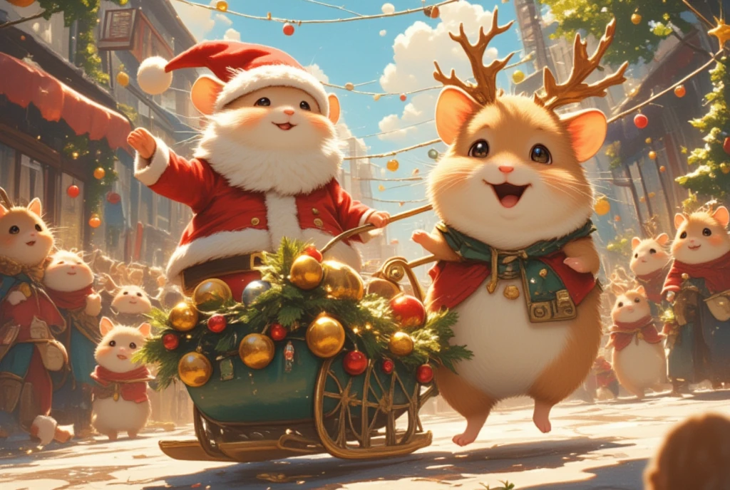 (In a lively, festive parade, hamsters take on the roles of holiday icons. The Santa Claus hamster is leading the parade, sitting atop a small, homemade sleigh adorned with bells and festive decor. His sidekick, the reindeer hamster, trots beside him in perfect synchronization, its antlers festooned with little lights. The street is filled with miniature Christmas trees, handmade decorations swinging in a gentle breeze, and an audience of equally excited animals chiming in the holiday cheer. The joy and camaraderie among them exude a sense of community and celebration, as even the smallest creatures come together to celebrate the festive spirit.)