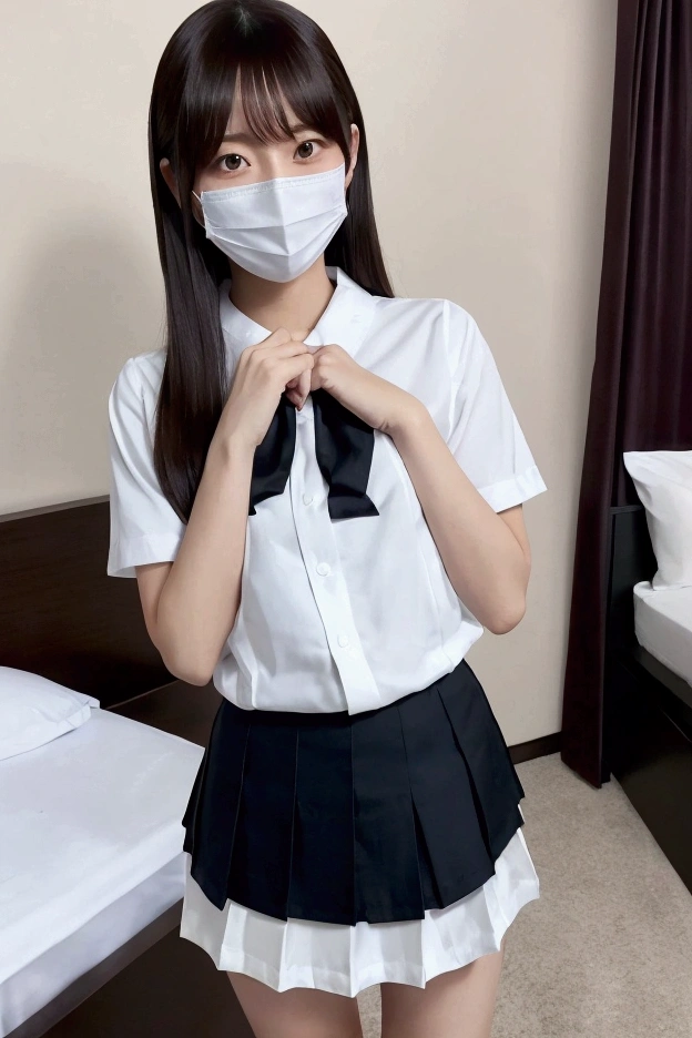 (masterpiece:1.2), Japanese, (((18 years old))), (a girl), (opened mouth wide), (skirt), ((small ribbon)), (((legs spread wide))), ((mouth mask)), on a bed, (((panty))), ((collared shirt)), (plump), bellybutton, 