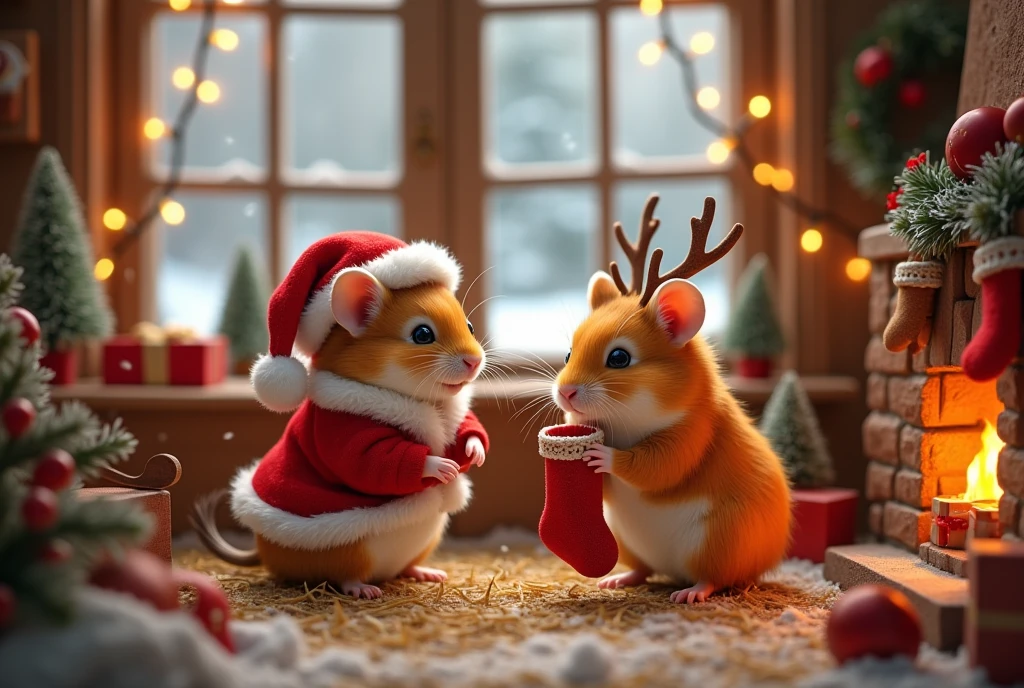 (Inside an inviting, warm hamster home, decorated with tiny stockings, mini Christmas trees, and glowing fairy lights, two delightful hamsters celebrate Christmas Eve. The first is dressed as Santa, complete with a sledge pulled behind it filled with teensy gifts. The second, resembling a trusty reindeer, equipped with antlers and a little red collar, accompanies him. They are nestled on a comfy bed of straw near a small fireplace, hanging up even tinier stockings. Through the windows, snow falls softly, adding a touch of magic to their cozy celebration, embodying the warmth and joy of Christmas within their tiny habitat.)