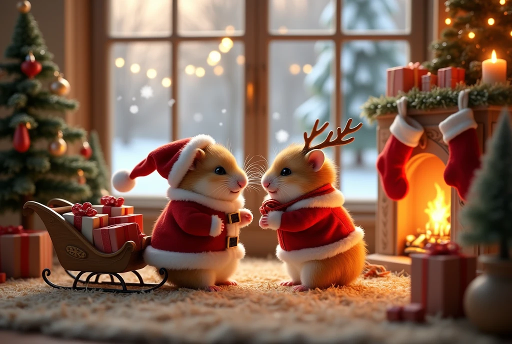 (Inside an inviting, warm hamster home, decorated with tiny stockings, mini Christmas trees, and glowing fairy lights, two delightful hamsters celebrate Christmas Eve. The first is dressed as Santa, complete with a sledge pulled behind it filled with teensy gifts. The second, resembling a trusty reindeer, equipped with antlers and a little red collar, accompanies him. They are nestled on a comfy bed of straw near a small fireplace, hanging up even tinier stockings. Through the windows, snow falls softly, adding a touch of magic to their cozy celebration, embodying the warmth and joy of Christmas within their tiny habitat.)