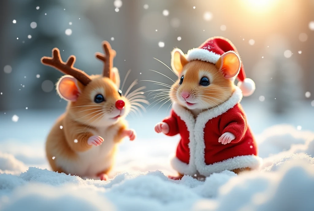 (Amidst a snow-covered landscape shimmering under a pale winter sun, a pair of enchanting hamsters embody the festive cheer of Christmas. The first hamster, embodying Santa Claus in the traditional sense, wears a charming red coat trimmed with white fur, a comically oversized Santa hat slipping over its ears. Its companion, with a tiny pair of handmade antlers and a red nose just like Rudolph, is the perfect depiction of a reindeer. They are playing in the snow, the world around them a wonderland of frosted trees and softly falling snowflakes. Their playful antics, leaving delicate trails in the snow, showcase the pure joy of the holiday season.)