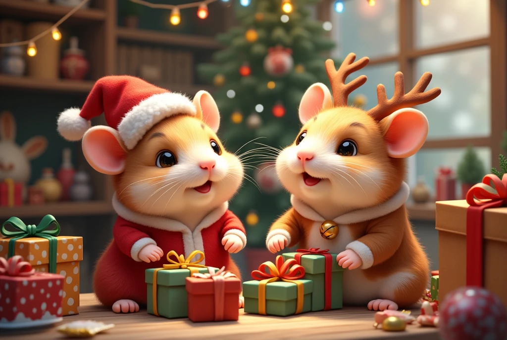 (In a beautifully decorated Christmas workshop, two adorable hamsters are the stars. One hamster is dressed as Santa Claus, complete with a tiny red suit, fluffy white beard, and a matching red hat with a pom-pom. Beside him, the second hamster is dressed as a reindeer, with cute little antlers attached to its head and a jingling bell around its neck. The workshop is bustling with activity, colorful presents being meticulously wrapped, and festive lights twinkling around. These hamsters are busy preparing gifts, bringing the spirit of Christmas to life, their tiny paws skillfully packing tiny presents with glimmers of joy and excitement in their eyes.)