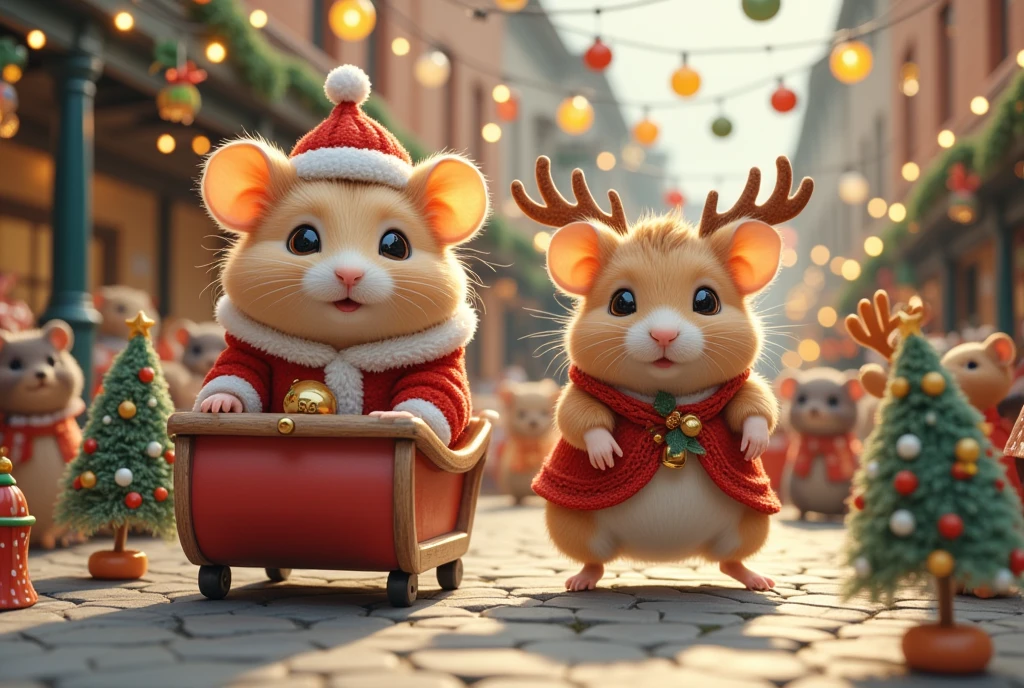 (In a lively, festive parade, hamsters take on the roles of holiday icons. The Santa Claus hamster is leading the parade, sitting atop a small, homemade sleigh adorned with bells and festive decor. His sidekick, the reindeer hamster, trots beside him in perfect synchronization, its antlers festooned with little lights. The street is filled with miniature Christmas trees, handmade decorations swinging in a gentle breeze, and an audience of equally excited animals chiming in the holiday cheer. The joy and camaraderie among them exude a sense of community and celebration, as even the smallest creatures come together to celebrate the festive spirit.)