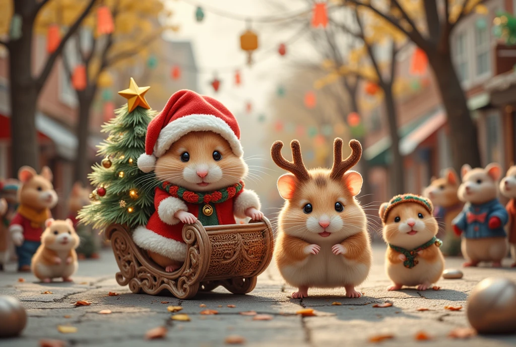 (In a lively, festive parade, hamsters take on the roles of holiday icons. The Santa Claus hamster is leading the parade, sitting atop a small, homemade sleigh adorned with bells and festive decor. His sidekick, the reindeer hamster, trots beside him in perfect synchronization, its antlers festooned with little lights. The street is filled with miniature Christmas trees, handmade decorations swinging in a gentle breeze, and an audience of equally excited animals chiming in the holiday cheer. The joy and camaraderie among them exude a sense of community and celebration, as even the smallest creatures come together to celebrate the festive spirit.)