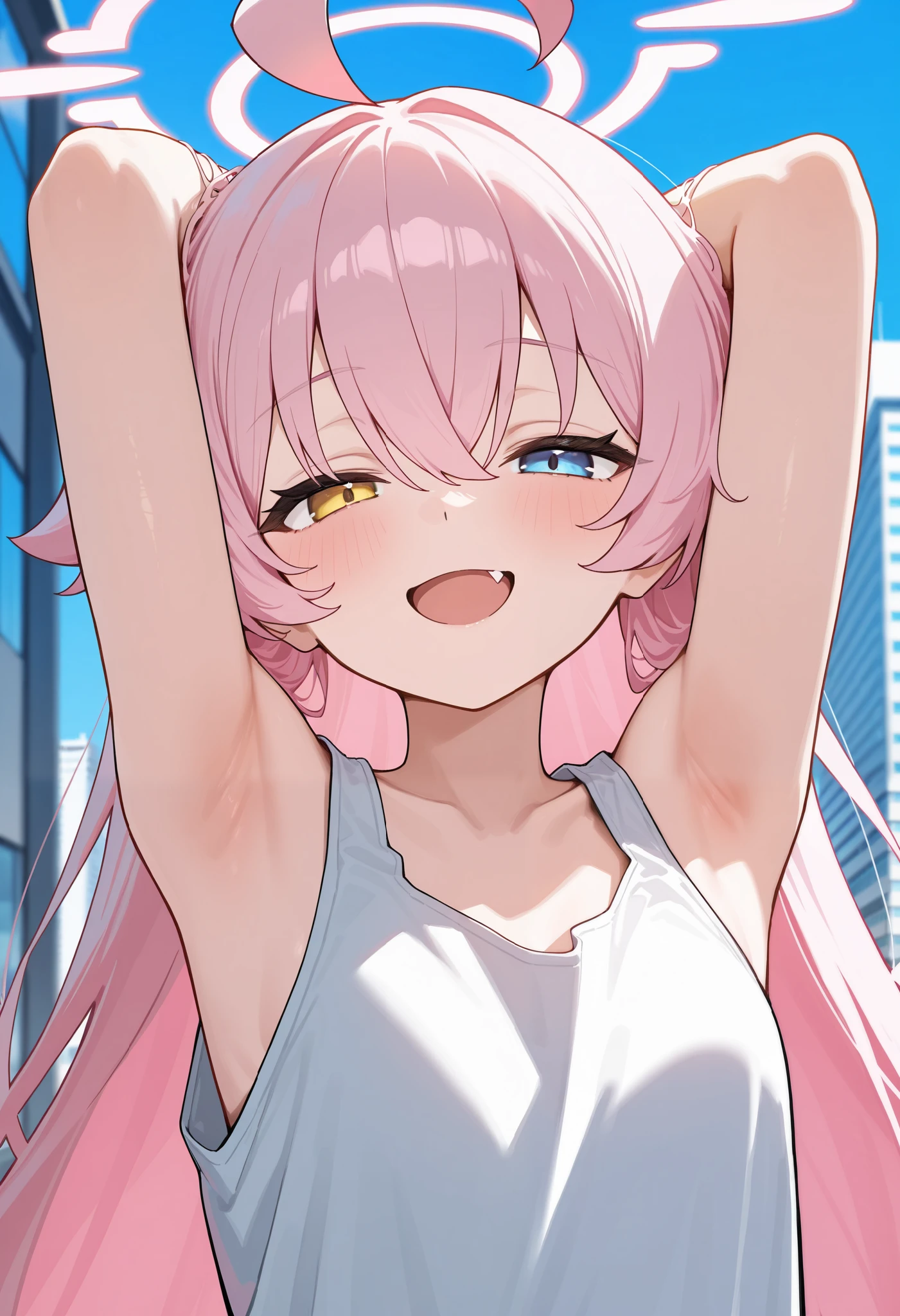 (masterpiece, best quality, high quality, highres, ultra-detailed), 1girl, Hoshino, pink hair, solo, heterochromia, long hair, blue eyes, fang, ahoge, yellow eyes, looking at viewer, hair between eyes, sleepy expression, upper body, open mouth, smile, pink halo, building, arms up, armpits focus, tank top, simple background
