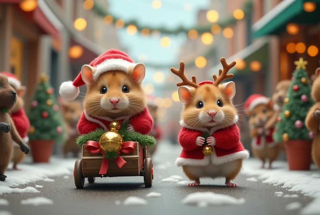 (In a lively, festive parade, hamsters take on the roles of holiday icons. The Santa Claus hamster is leading the parade, sitting atop a small, homemade sleigh adorned with bells and festive decor. His sidekick, the reindeer hamster, trots beside him in perfect synchronization, its antlers festooned with little lights. The street is filled with miniature Christmas trees, handmade decorations swinging in a gentle breeze, and an audience of equally excited animals chiming in the holiday cheer. The joy and camaraderie among them exude a sense of community and celebration, as even the smallest creatures come together to celebrate the festive spirit.)