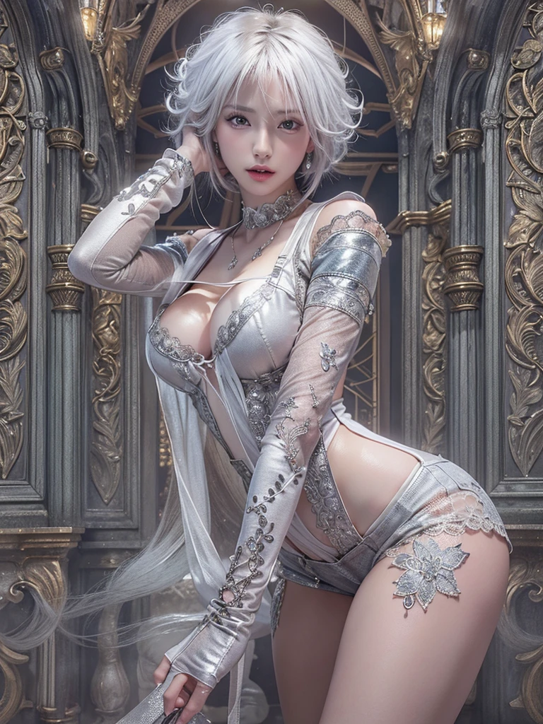 highest quality、8k Masterpiece、超A high resolution、(Photorealistic:1.3)、RAW Photos、1 girl、Completely naked、Silver charm on the ankle、Silvery white high heels、Silvery white super long hair、Long Hair、Glowing Skin、1. Super-beautiful Cyberpunk Soldiers、((Ultra-Realistic Details))、Portrait、Global Illumination、Shadow、Octane Rendering、8k、Super sharp、Beautiful breasts、Metal、Cold colors、、Very intricate details、Realistic Light、CGSoation Trend、Beautiful Eyes、Shining Eyes、To the camera、Neon Details、２０age、Too cute face、Intelligence、Obscene、Extremely erotic、Moe、smile、whole body、Healthy Body、Manhattan at night in the background、Helipad on a high-rise building、love、Charm、mischievous、More sexy、Hands on chest、Make your background more vibrant、Future、Angle to toes、Whiter skin、Standing posture、More realistic facial features、Retrospective、wide shot、full body、More realistic Japanese faces、Panoramic view of buildings、Angel、The goddess