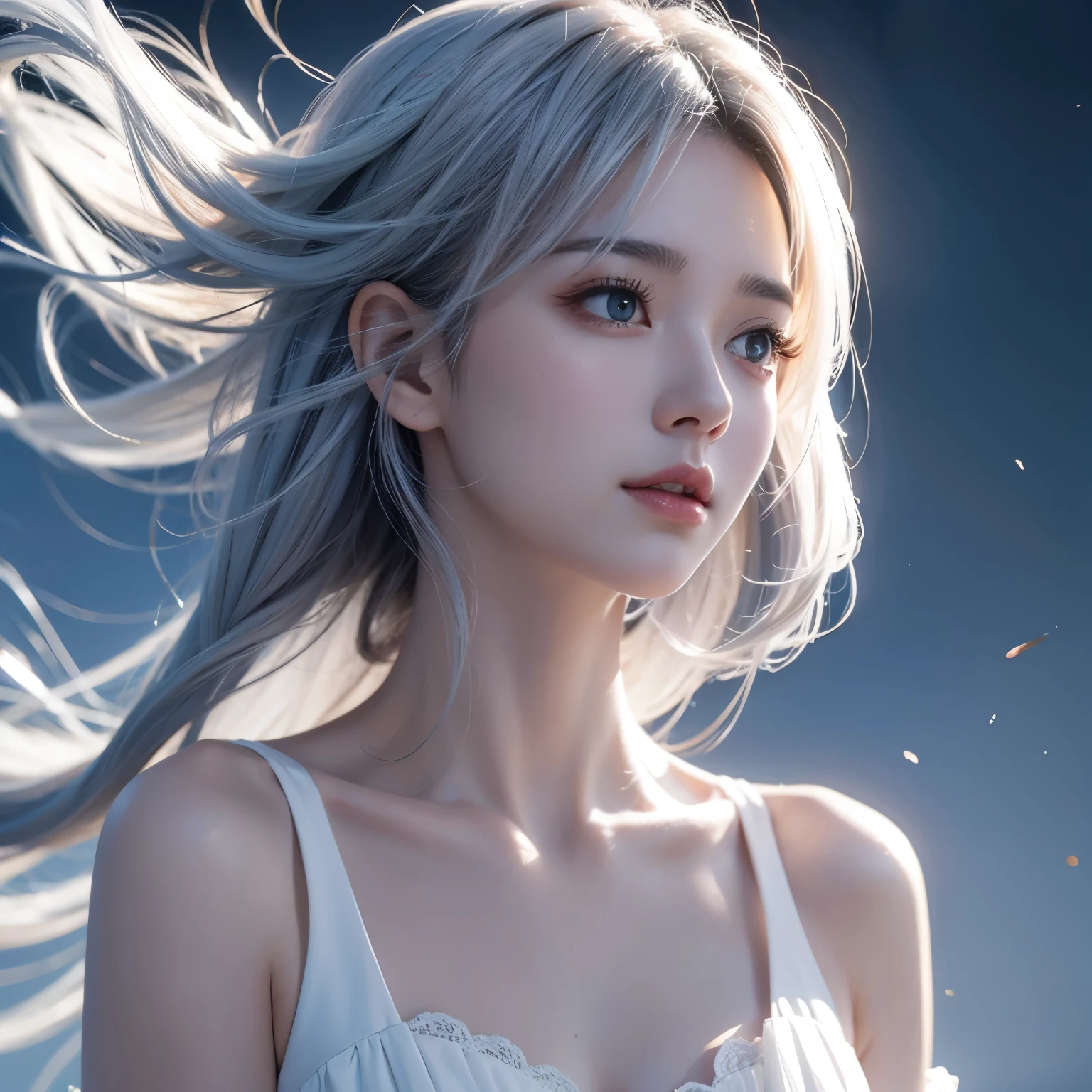 (Cinematic Digital Artwork: 1.3),  high quality, masterpiece, Top quality,  Super Details, illustration, [4k digital art]!!、  Kyoto animation style ,  a woman, clavicle Beauty, clavicle, Light, hope,  blue sky , positive, challenge , Inspire, Light辉, Dynamic perspective，White hair