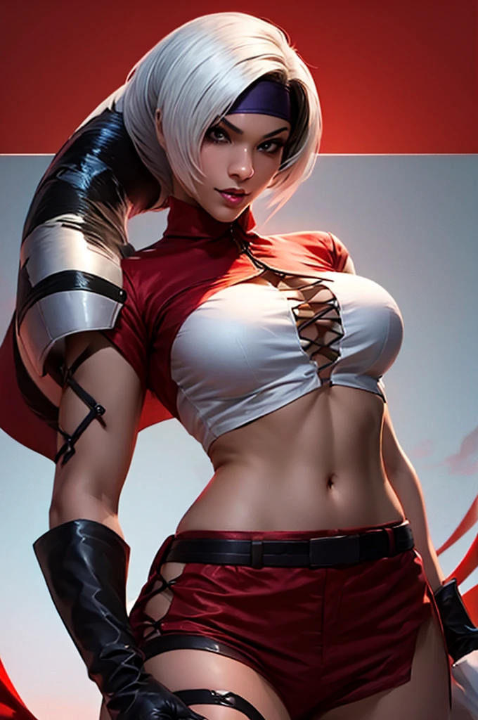 1woman, (FoxyMs:1.3),  big breasts,  narrow waist, Gloves, khaki pants, Pauldron, belly, red shirt, Open shirt, dark skin, realistic, cinematic lights, 8K, perfect, detailed, beautiful, sexy body