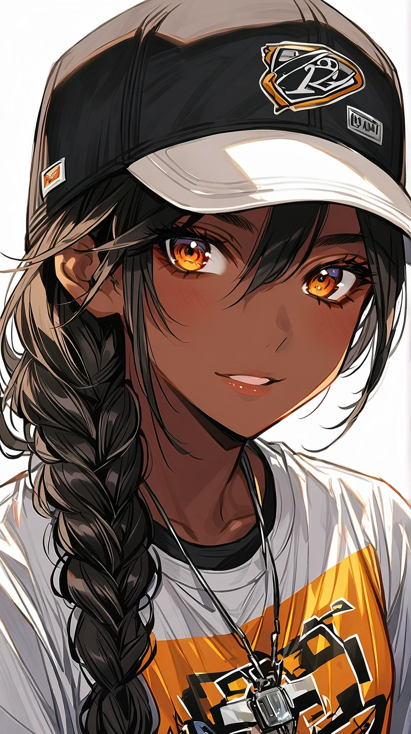  1 girl , Alone, Dark Skin,   Dark Skin Women ,  upper body, Baseball cap, T-Shirts,  tomboy 