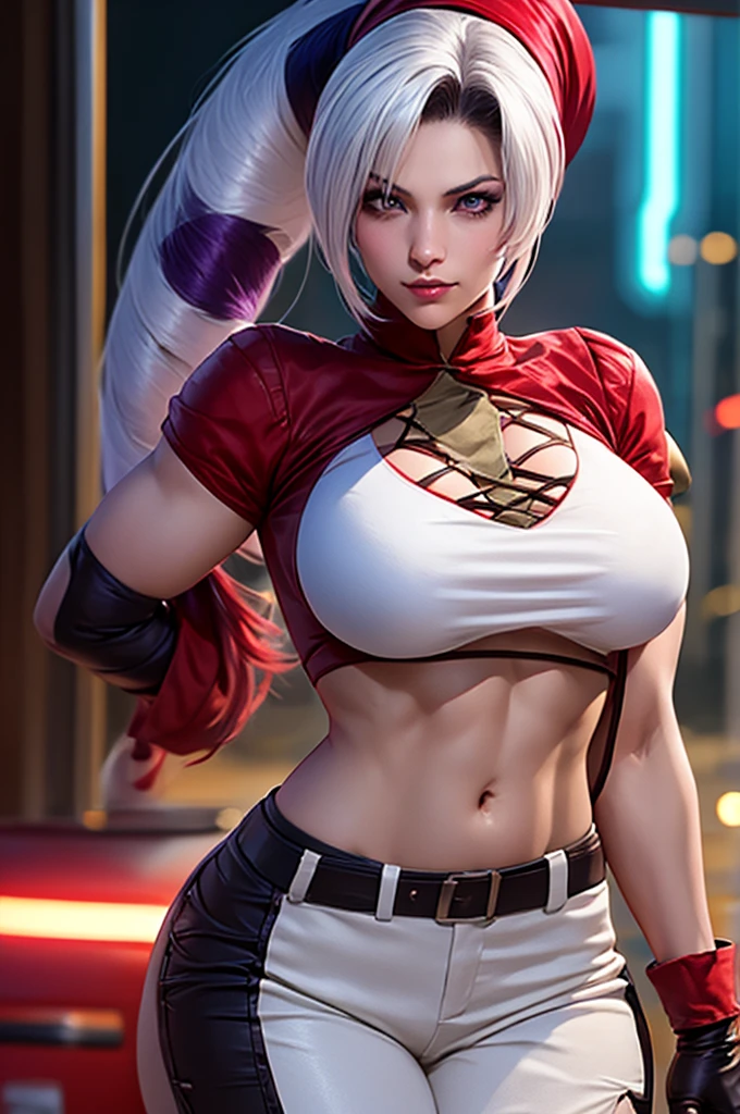 1woman, (FoxyMs:1.3), white ponytail hair, purple bandana hair, big breasts, narrow waist, Gloves, khaki pants, Pauldron, belly, red shirt, Open shirt, dark skin, realistic, cinematic lights, 8K, perfect, detailed, beautiful, sexy body